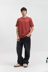 Remera celeste de manga corta con cuello redondo y estampado en la espalda con imágenes de arquitectura y texto.