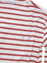 Remera de manga larga a rayas verde y blanco, con detalles de bordado en el frente y la espalda, confeccionada en algodón lavado.