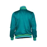 Campera deportiva Umbro color verde azulado con cuello alto, cierre frontal con cremallera, puños y cintura acanalados a rayas verdes, blancas y azules. Logo de Umbro bordado en el pecho.