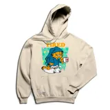 Canguro color crema con capucha y cordones ajustables. Estampado frontal con diseño de Garfield con pijama y pantuflas, sosteniendo una taza con la leyenda 'I love Zzz' y la frase 'Always Tired'.