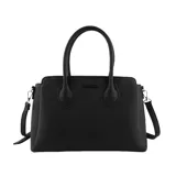Cartera negra con textura granulada, doble asa corta superior y correa larga desmontable.
