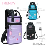 Mochila matera puffer color turquesa, con correa y llavero desmontable, tiras con tela mesh, apta para termos 1,5L.