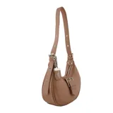 Bandolera color beige con correa regulable y desmontable, llavero desmontable y organizador interno.