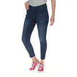 Pantalón de jean gris oscuro, corte skinny y tiro medio.