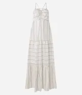 Vestido midi de jacquard con rayas en hilo teñido, breteles finos con tirador en el busto, recortes frunzidos en la pollera y lastex en la espalda.