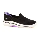 Zapatillas Skechers Go Walk Arch Fit Hazel sin cordones, color negro con suela blanca y detalles en lila.