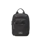 Bandolera negra de tela con doble cierre, asa fija, forro interior textil, bolsillo interno con cierre y dos bolsillos externos con cierre.