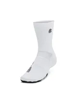 Medias deportivas Under Armour unisex, color blanco, con logo de Stephen Curry en negro.