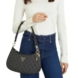 Cartera de hombro Guess modelo Noelle II Top Zip Shoulder Bag, color negro con patrón de logo 4G en relieve. Tiene forma curva, correa ajustable y removible, y herrajes dorados. Incluye un dije colgante con el logo de Guess.