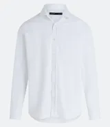 Camisa blanca de manga larga, cuello inglés y abotonado frontal, de corte comfort (más holgado).