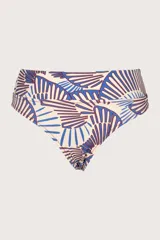 Bombacha de bikini de tiro alto con estampado de abanicos en tonos azul y marrón sobre fondo blanco.