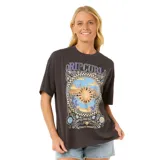 Remera negra de algodón con estampado circular en el frente con el logo de Rip Curl, un sol y motivos playeros.