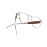 Armazón de lentes de acetato transparente, con forma rectangular redondeada.