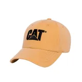 Gorro de gabardina azul con logo CAT bordado en negro en el frente.
