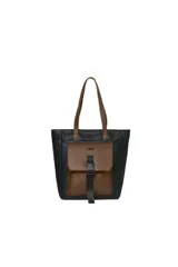 Bolso shopper negro con detalles en marrón, con bolsillo frontal con cierre de hebilla.