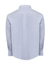Camisa de vestir a rayas verticales celestes y blancas, de corte regular, con cuello italiano, manga larga y bolsillo en el pecho con logo bordado.