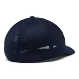 Gorra de béisbol Columbia color beige con paneles traseros de malla azul marino y logo de la marca bordado en el frente.