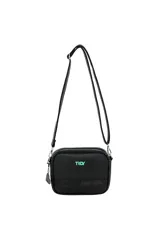 Bandolera negra con correa ajustable y logo TRDY en verde agua.