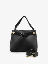 Cartera negra de cuero con asa corta y correa larga desmontable y ajustable. Tiene cierre superior con cremallera y detalles metálicos dorados.