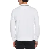 Buzo deportivo blanco con cierre frontal completo, cuello alto y bolsillos laterales con cierre. Presenta una banda horizontal con rayas en tonos beige, azul marino y dorado a la altura del pecho.