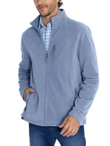 Campera polar celeste de micropolar liviano con cierre completo y tres bolsillos frontales. Confeccionado con poliéster reciclado a partir de botellas plásticas.