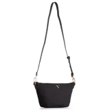 Bandolera Guess color negro con logo triangular dorado en el frente, correa de hombro ajustable y cierre superior con cremallera.