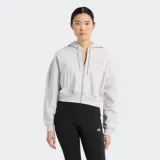 Campera gris jaspeado con capucha y cierre completo, mangas largas, bolsillos laterales y logo bordado en el pecho.