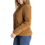 Chaqueta polar de mujer color negro, con cuello alto y cierre frontal con broches ocultos. Tiene bolsillos laterales y un bolsillo interior en el pecho. Presenta logo de Caterpillar en el bolsillo.