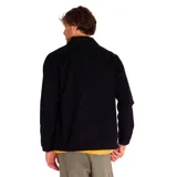 Chaqueta negra con cuello clásico, cierre frontal con botones a presión, mangas largas con puños elásticos, dos bolsillos laterales y un bolsillo pequeño en el pecho con logo de la marca.