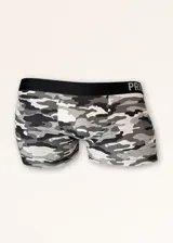 Pack de dos boxers de corte medio con diseños estampados de camuflaje en tonos grises y lilas. Elástico visible en la cintura con logo.