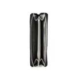 Billetera negra de cuero sintético con cierre perimetral y logo triangular plateado.