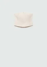 Top blanco strapless con cierre frontal y diseño entallado.
