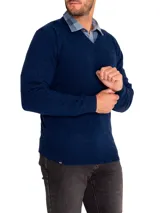Sweater azul marino de lana con cuello en V.