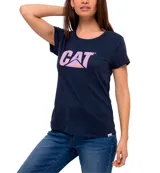 Remera de algodón azul marino con cuello redondo y logo de CAT estampado en el pecho en color lila y naranja.