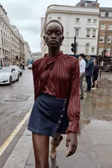 Blusa color marrón con rayas verticales, cuello subido con lazo, escote pico, mangas largas abullonadas con elástico en los puños y cierre frontal con botones forrados.