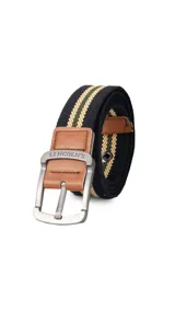 Cinturón casual negro de tela canvas con hebilla metálica plateada y detalles en cuero sintético negro.