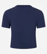 Blusa baby look azul marino de algodón, con cuello redondo, manga corta, drapeado delantero y estampa lettering "EUA" con estrellas.