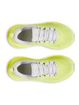 Championes Under Armour Infinite Elite para mujer, color amarillo flúor con detalles en gris. Diseñados para running, con amortiguación UA HOVR+ y capellada de malla transpirable.
