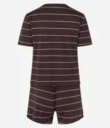 Conjunto de pijama corto de viscosa con estampado de rayas horizontales con hilo metalizado. Incluye remera de manga corta con cuello en V y short con cintura elástica y lazo.