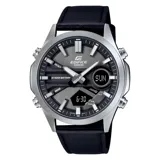 Reloj Casio Edifice EFVC120L-8ADF para hombre, con caja plateada de 50mm, esfera gris con detalles negros, correa de cuero negra y doble display analógico-digital.