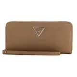Billetera Guess Laurel color beige con textura saffiano, logo metálico frontal, cierre con cremallera, múltiples ranuras para tarjetas, compartimento para billetes y monedero con cierre.