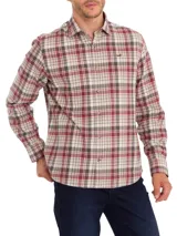 Camisa de franela a cuadros color celeste, naranja y marrón, de manga larga y corte moderno.