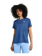 Remera deportiva Under Armour color azul con textura jaspeada, corte clásico, mangas cortas y logo estampado en el pecho.