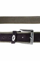 Cinturón azul de yute con apliques de nobuck y hebilla metálica plateada.