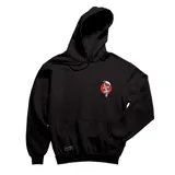 Canguro negro de algodón con capucha y bolsillo delantero. Estampado en el pecho con una guadaña envuelta en una serpiente, dentro de un círculo rojo.