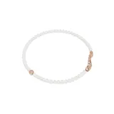 Collar de perlas de cristal blancas con cierre magnético y dos dijes en forma de pluma bañadas en tono oro rosa, con pavé rosa y una Swarovski Zirconia.