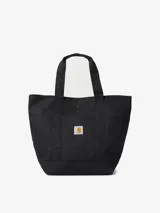 Bolso tote negro de lona de poliéster reciclado, con asas cortas y bolsillo frontal con etiqueta cuadrada tejida con el logo de Carhartt WIP.