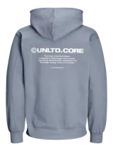 Canguro celeste con capucha, manga larga y estampado en la espalda con la leyenda "UNLTD.CORE The Core Unlimited Edition: Designed in Copenhagen and London. Inspired by Scandinavian aesthetics and the urban design culture of London. JACK&JONES@1990.".