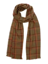 Bufanda RKF Scarf Plaid con diseño a cuadros en tonos marrón y naranja, confeccionada en lana de oveja y fibras recicladas.