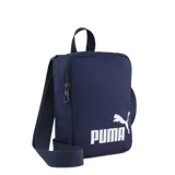 Bandolera Puma Phase Portable color azul marino con logo blanco estampado.
